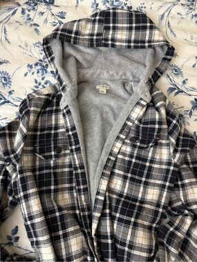 L.L. Bean Hooded Plaid Flannel in Navy, Cream, and Tan